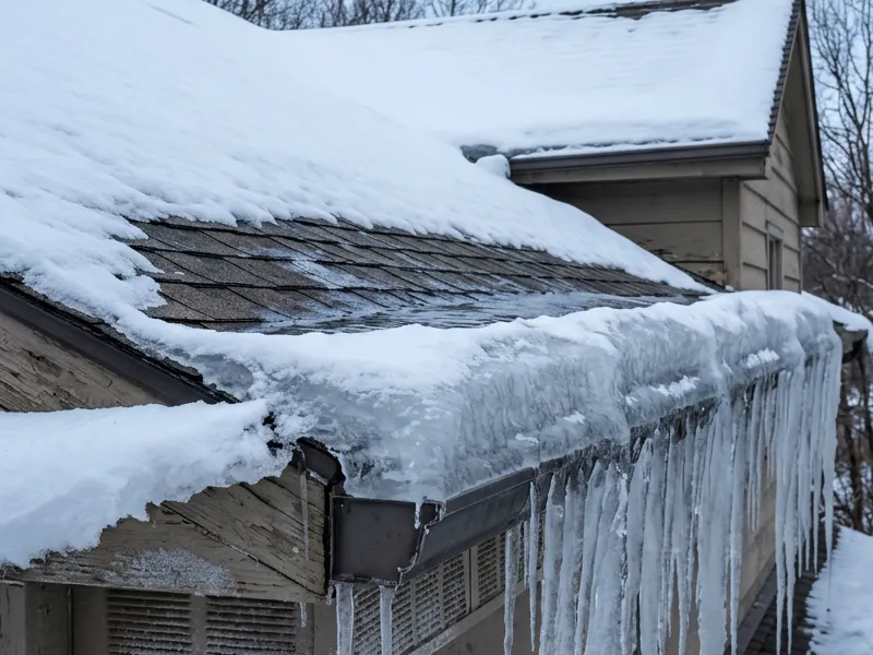 Thick ice dam built up along a roof eave with icicles hanging from the gutter line